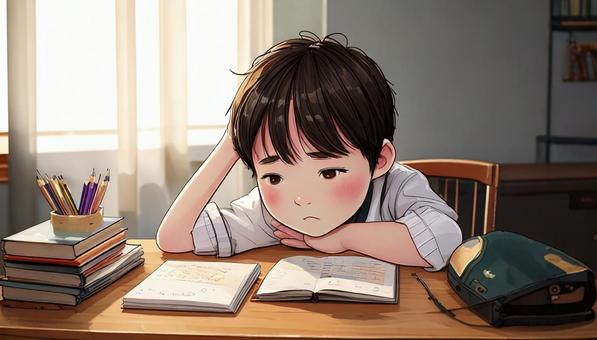 A boy who is too lazy to study and lies down on his desk, sıkıcı, tembel, tembel, JPG