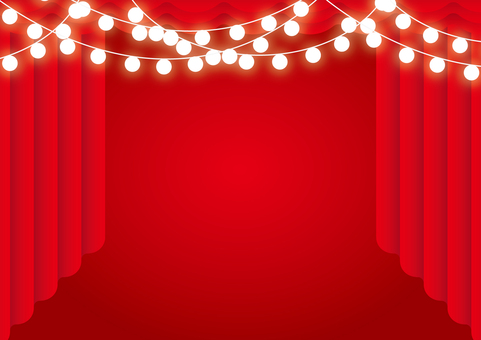 赤色のカーテンとおしゃれなライトの背景 カーテン,幕,ステージ,電球,紐,赤色,背景のイラスト素材