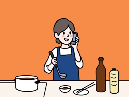 A woman holding a smartphone to her ear while cooking in the kitchen, female, housewife, phone, JPG