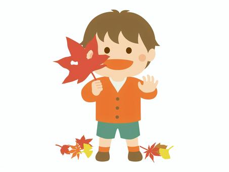落ち葉で遊ぶこども_男の子2-2 こども,落ち葉,イチョウ,もみじ,カエデ,紅葉,男の子,小学校,小学生,幼稚園のイラスト素材