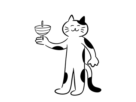 コマ回しをする猫（モノクロ） 猫,コマ回し,コマ,玩具,伝統玩具,昔,遊び,おもちゃ,正月,お正月のイラスト素材