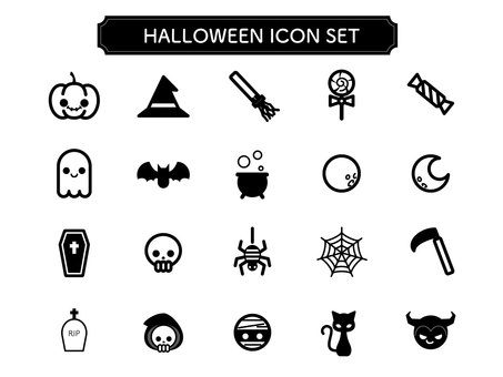 ハロウィーンのアイコンセット04 秋,イベント,ハロウィン,１０月,かぼちゃ,ジャックオーランタン,帽子,箒,キャンディー,お化けのイラスト素材