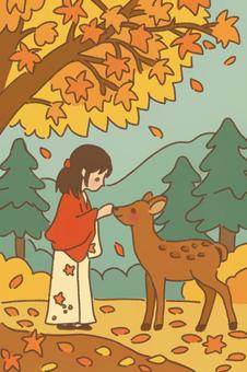 紅葉の下で鹿とふれあい 紅葉の下で鹿とふれあい 女の子,人物,鹿,動物,自然,秋,紅葉,落ち葉,枯葉,木のイラスト素材