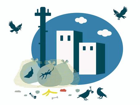 カラスに荒らされたごみ置き場 ゴミ置場,収集,カラス,害獣,鳥害,被害,襲撃,公害,荒らす,いたずらのイラスト素材