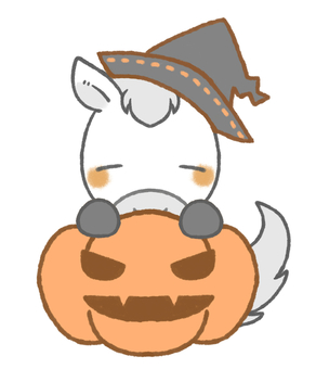 お馬さんとパンプキンのイラストB-2 馬,ハロウィン,カボチャ,白馬,眠る,瞑る,可愛い,のほほん,手描き,カットのイラスト素材