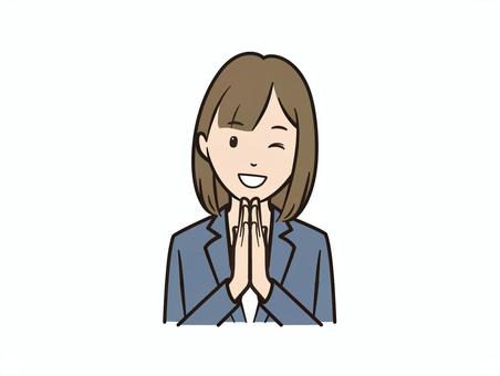 手を合わせてお願いする笑顔のOL 女性,ビジネス,ol,ビジネスウーマン,笑顔,お願い,感謝,手を合わせる,合掌,ウィンクのイラスト素材
