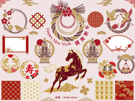 新年正月アート年賀状イラスト jhn03 午年,正月,フレーム,イラスト,セット,年賀状,馬,2026年,はがき,2026年年賀状のイラスト素材