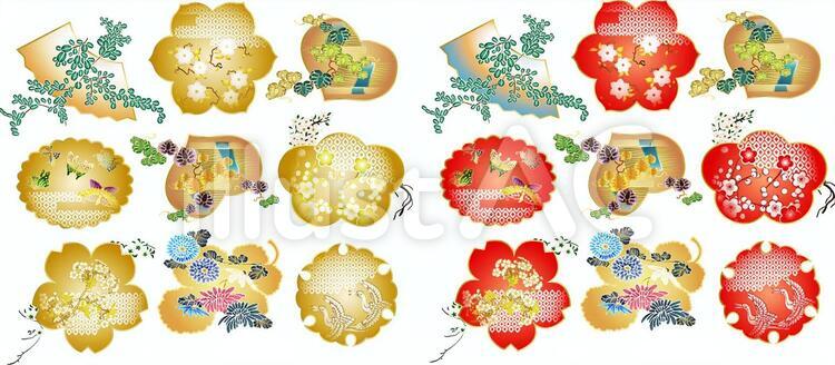 ai和風金と赤の色々18点セット 扇子,蝶,桜のイラスト素材