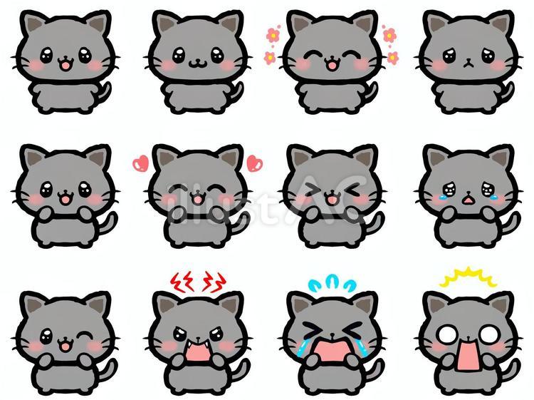 かわいい黒猫の落書き風イラスト素材セット 猫,黒猫,喜怒哀楽のイラスト素材