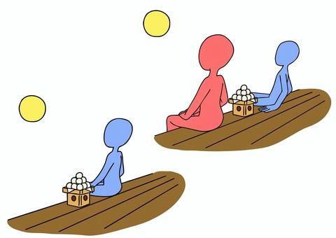 月見をする人2種　斜め後ろ 月見,お月見,十五夜,月,月見だんご,満月,二人,斜め後ろ,後ろ姿,9月のイラスト素材