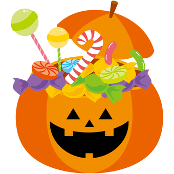 お菓子が詰まったジャックオランタン ハロウィン,ジャックオランタン,カボチャ,ロリポップ,パンプキン,お菓子,キャンディ,季節,行事,10月のイラスト素材