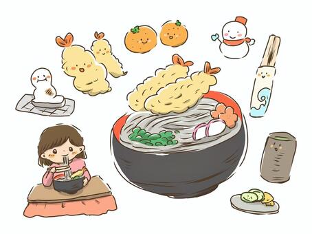 年越し 年末,年越し,年越しそば,お餅,そば,海老天,食べる,こたつ,みかん,雪だるまのイラスト素材