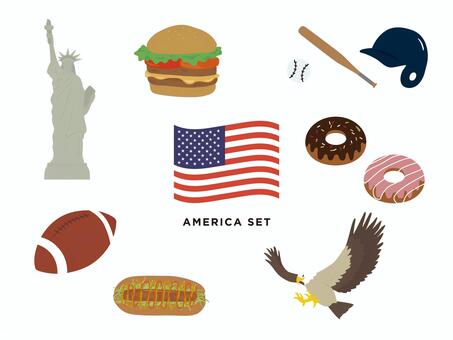 アメリカ　イラストセット アメリカ,国旗,ハンバーガー,自由の女神,メジャーリーグ,野球,ボール,ヘルメット,アメフト,ホットドックのイラスト素材