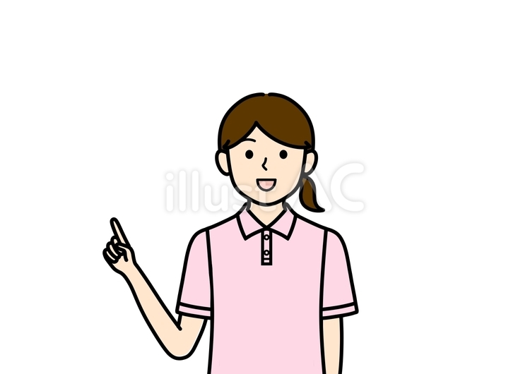 指差しポーズの介護士・先生・保健師の女性 指差し,名札,ピンクのイラスト素材
