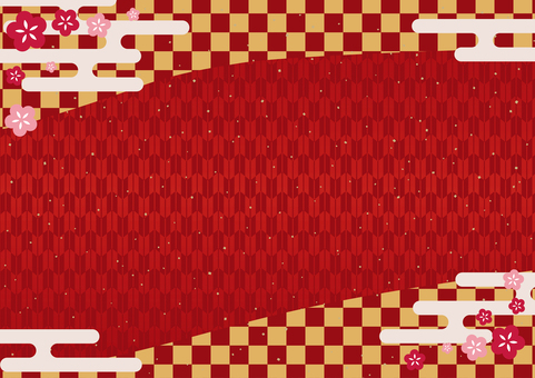 新春チラシ背景-17 背景,和柄,フレーム,雲,霞,金粉,霞文様,梅,矢絣,市松のイラスト素材