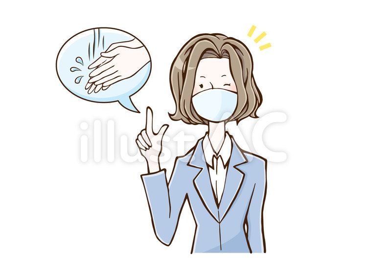 手洗いを勧めるマスクをした女性のイラスト マスク,手洗い,女性のイラスト素材
