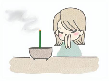 手を合わせる女の人 線香,仏壇,お詣り,法要,手を合わせる,女の人,ご先祖様,お彼岸,お盆,手描きのイラスト素材