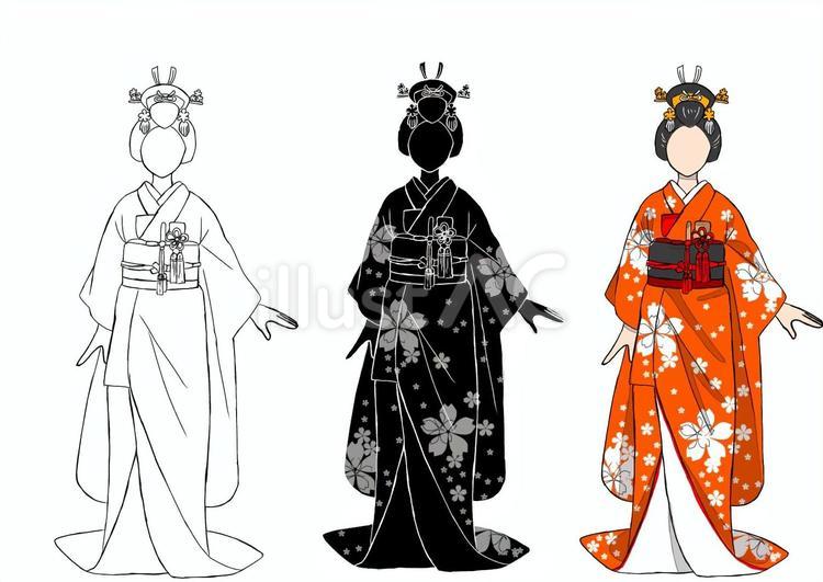 引き振袖、文金高島田（線画） 女性,着物,和装のイラスト素材