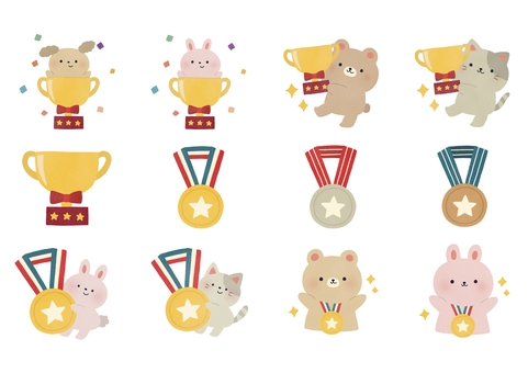 おめでとうセット 運動会,金メダル,優勝カップ,おめでとう,猫,くま,うさぎ,犬,動物,実績のイラスト素材