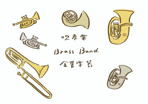 手描き 吹奏楽 金管楽器セット 吹奏楽,金管楽器,ブラスバンド,トランペット,トロンボーン,ホルン,チューバ,ユーフォニアム,学校,部活のイラスト素材