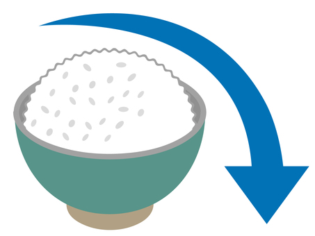 米価格値下げを表したご飯と下矢印 米,白米,ご飯,下降,安い,値下げ,価格,茶碗,よそう,山盛りのイラスト素材