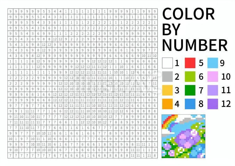 【数字パズル塗り絵】アジサイと虹 塗り絵,パズル塗り絵,数字塗り絵のイラスト素材
