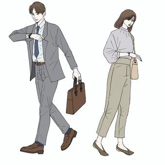 腕時計で時間確認する女性と男性　漫画風 腕時計,女性,男性,全身,会社員,サラリーマン,通勤,通勤バッグ,スーツ,セットのイラスト素材
