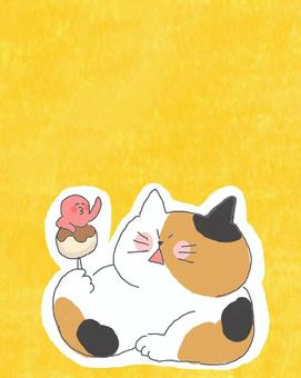 たこ焼きと三毛猫ちゃん♪ かわいい,たこ焼き,たこ,食べ物,にこにこ,笑顔,笑う,ご機嫌,楽しい,嬉しいのイラスト素材