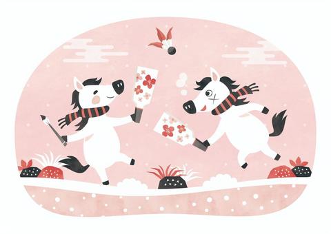 羽根つきをする馬(午)の子_水彩_2 羽根つきをする馬(午)の子_水彩_2 羽根つき,羽子板,馬,午,午年,干支,年賀状,正月,1月,子どものイラスト素材