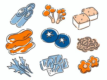 鍋の具材 鍋の具,鍋,鍋の具材,ネギ,しめじ,焼き豆腐,肉,しいたけ,糸こんにゃく,みずなのイラスト素材