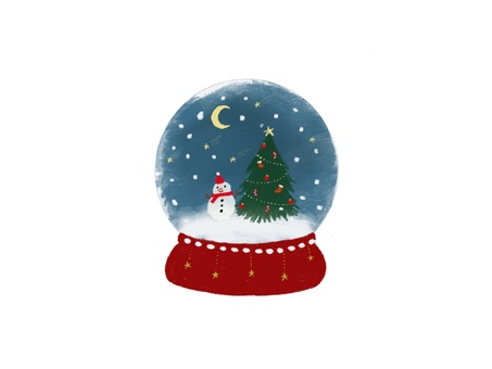 スノードームC 手描き,スノードーム,クリスマスツリー,雪だるま,あたたかい,ほっこり,かわいい,おしゃれ,シンプル,やさしいのイラスト素材