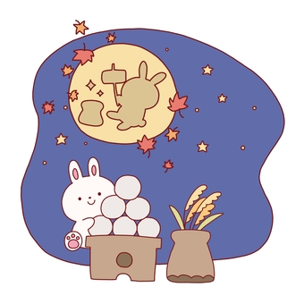 お月見 お月見,十五夜,うさぎ,満月,団子,ススキ,動物,紅葉,秋,線画のイラスト素材