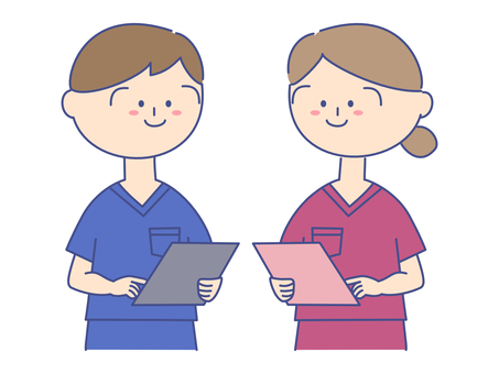 スクラブを着た男女①笑顔 看護師,医師,女性,男性,女,男,申し送り,話し合い,会話,笑顔のイラスト素材