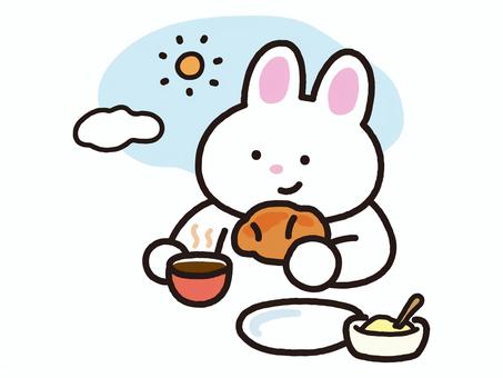モーニングで焼きたてパンを食べるうさぎ うさぎ,動物,モーニング,朝,朝食,食事,パン,食べ物,コーヒー,ココアのイラスト素材