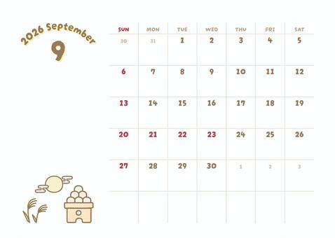 2026年9月カレンダー 十五夜 お月見 カレンダー,2026年,2026年カレンダー,9月,９月,9月カレンダー,カレンダー9月,九月,2026年9月カレンダー,秋のイラスト素材