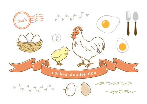にわとりとひよこ-カラー にわとり,鶏,ひよこ,雛,鳥,卵,シルエット,線画,足跡,スタンプのイラスト素材