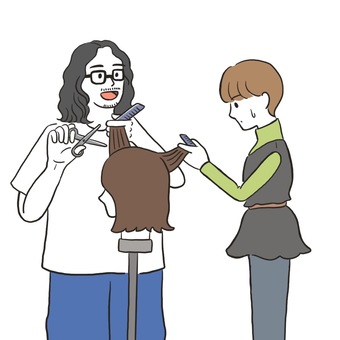 カットの指導を受ける女性美容師（カラー） 男性,美容師,女性,美容,髪,髪型,イメチェン,イメージチェンジ,サロン,ヘアスタイルのイラスト素材