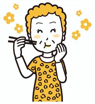  大阪のおばちゃん(黄)-216-バスト 食べる,おいしい,おばちゃん,大阪,ヒョウ柄,おばはん,中年,女性,関西,派手のイラスト素材