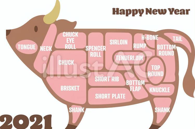 2021年　ビーフの部位　年賀状 2021年,年賀状,ビーフのイラスト素材