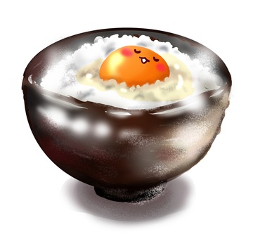 卵かけご飯（黄身に顔入り） ご飯,手書き,茶碗,大盛り,湯気,卵かけ,笑顔,にっこり,なごみ,ほっこりのイラスト素材
