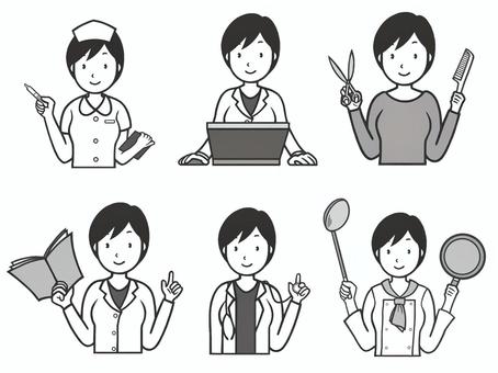 色々なお仕事(職業)を集めたセット 美容師,お医者さん,看護師,ナース,医者,先生,教師,コック,料理人,プログラマーのイラスト素材