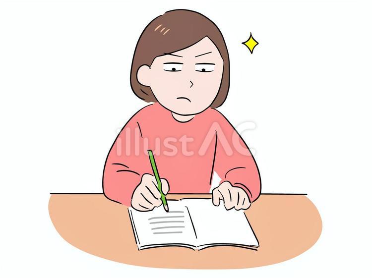 真剣にノートを書く私服の女性 女性,勉強,真剣のイラスト素材