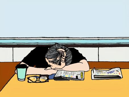 新聞を下にして仮眠 仮眠,新聞,カフェ,男性,メガネ,休憩のイラスト素材