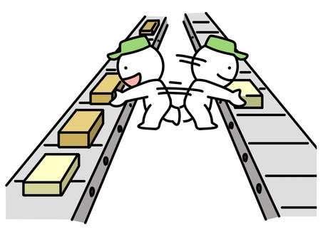 流れ作業で走り回る棒人間 流れ作業,棒人間,レール,荷物,走る,仕事,運ぶ,ライン作業,バイト,現場のイラスト素材