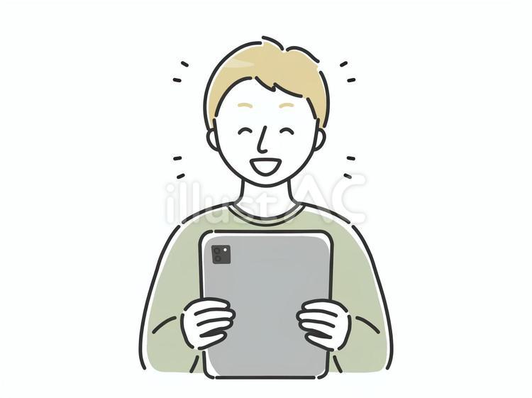 笑顔でタブレットを見る白人の男性 男性,人物,笑顔のイラスト素材