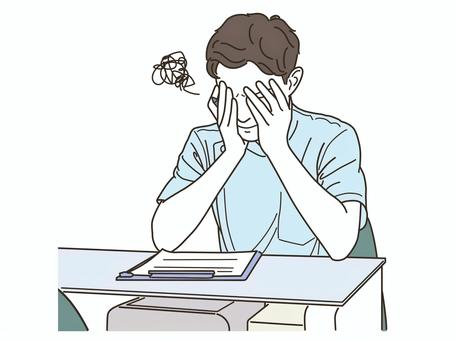 座りながら頭を抱える医療従事者の男性 看護師,医療従事者,ストレス,困る,トラブル,悩む,医師,医者,デスクワーク,落ち込むのイラスト素材