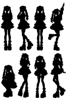女の子ポーズ 女の子,女性,立ち姿,全身,シルエット,セット,黒,白背景,あしらい,影のイラスト素材
