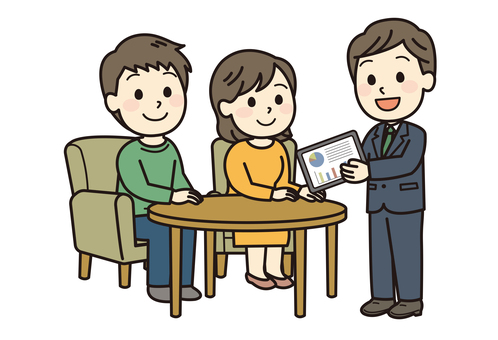 説明を受ける夫婦 説明,相談,スーツ,検討,夫婦,男女,相続,アドバイス,助言,プレゼンのイラスト素材
