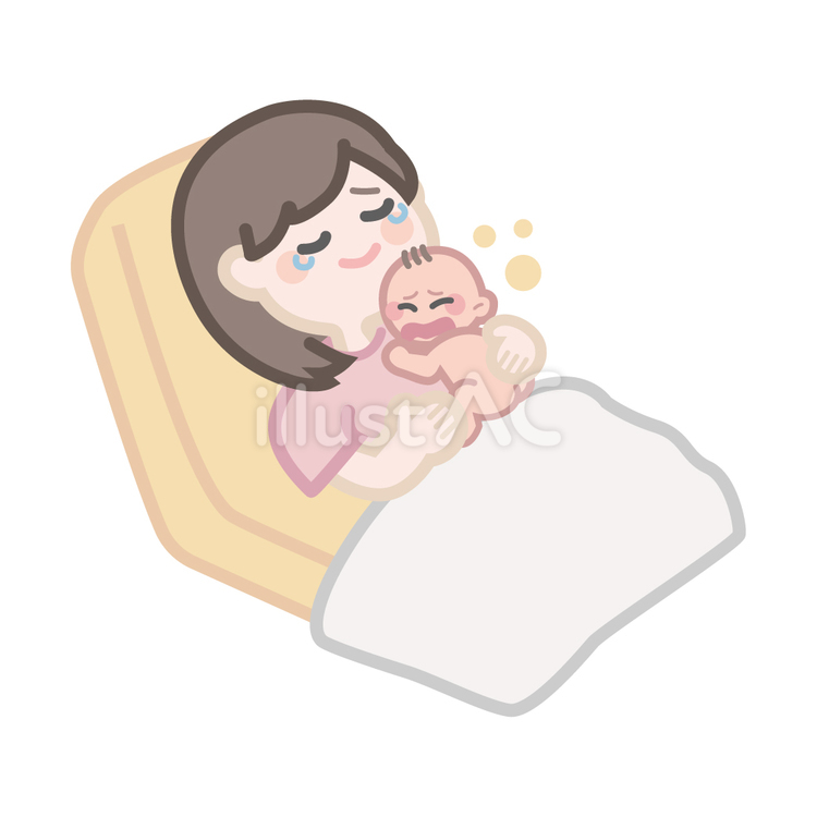産まれたての赤ちゃんを抱く涙ぐむお母さん 妊娠,出産,分娩のイラスト素材