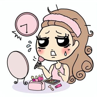 ぶりっ子　寝坊して急いで化粧する女子 メイク,寝坊,遅刻,急ぐ,大変,化粧,チーク,塗る,化ける,口紅のイラスト素材